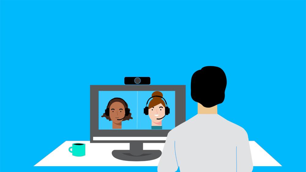 drawing of woman attending a videoconference with two women